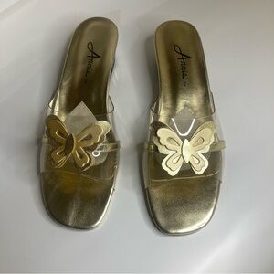 Annie Clear Slide Sandals With Golden Butterfly Detail Women’s Size 9WW